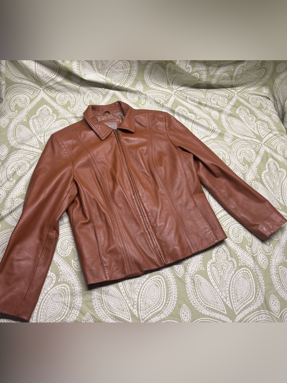 ⚛️croft & barrow Women's Tan/Brown Leather Zip-Front Jacket